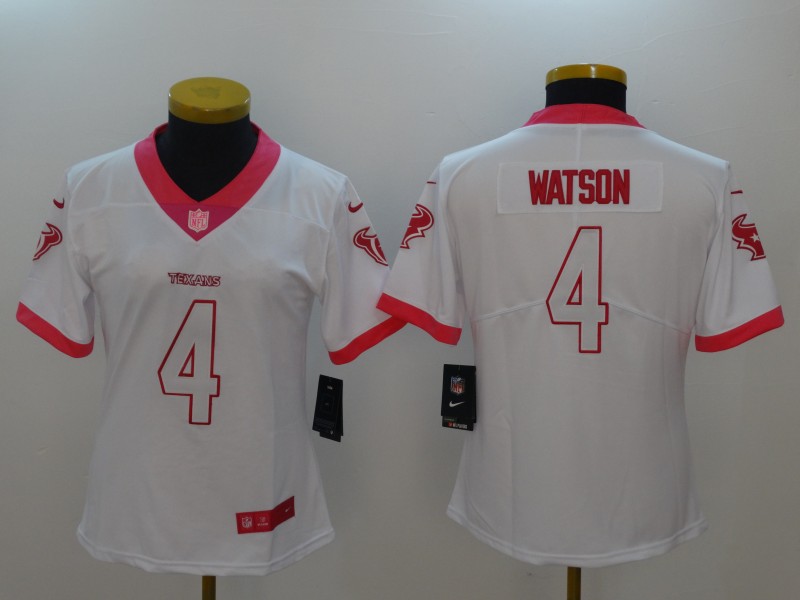 Women Houston Texans #4 Watson White Pink Stitched Rush Fashion Limited NFL Jerseys
